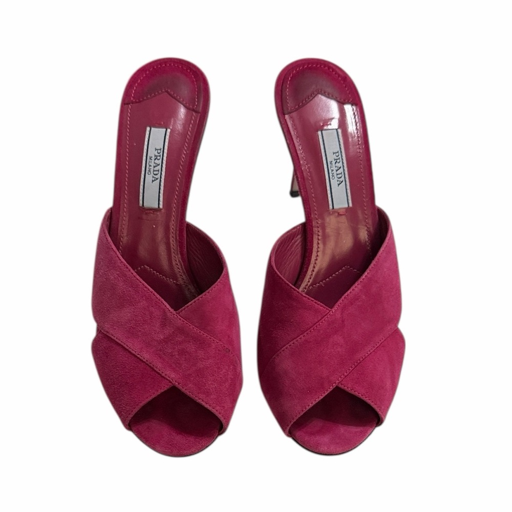 Prada Fuchsia Suede Crisscross Heeled Mules Size 37 - Picture 3 of 11